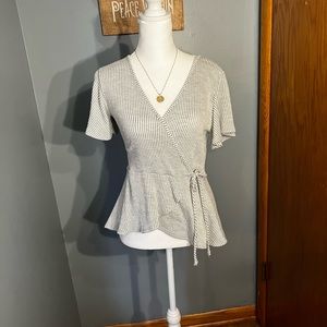 Grey and white tie blouse